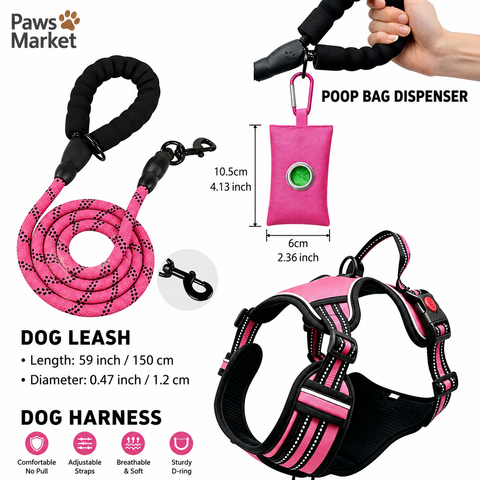3 Piece Pink No Pull Dog Harness and Leash Set with Poop Bag Holder (S Size) - Adjustable Escape Proof Reflective Vest for Small Medium Large Dogs