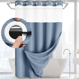 Blue Hook Free Waffle Weave Shower Curtain (71 x 81") - Double Layer Curtain with Removable Waterproof Liner, Mesh Top Window, Magnetic Hem & Built-In Rings