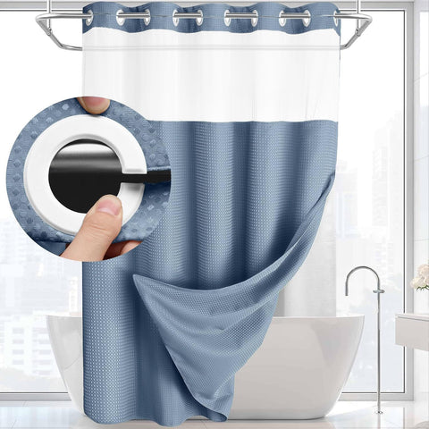 Blue Hook Free Waffle Weave Shower Curtain (71 x 81") - Double Layer Curtain with Removable Waterproof Liner, Mesh Top Window, Magnetic Hem & Built-In Rings