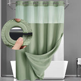 Green Hook Free Waffle Weave Shower Curtain (71 x 81") - Double Layer Curtain with Removable Waterproof Liner, Mesh Top Window, Magnetic Hem & Built-In Rings