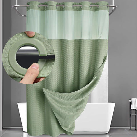 Green Hook Free Waffle Weave Shower Curtain (71 x 81") - Double Layer Curtain with Removable Waterproof Liner, Mesh Top Window, Magnetic Hem & Built-In Rings