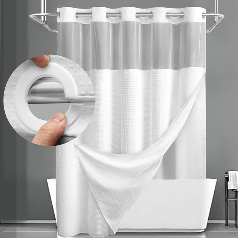 White Hook Free Waffle Weave Shower Curtain (71 x 75") - Double Layer Curtain with Removable Waterproof Liner, Mesh Top Window, Magnetic Hem & Built-In Rings