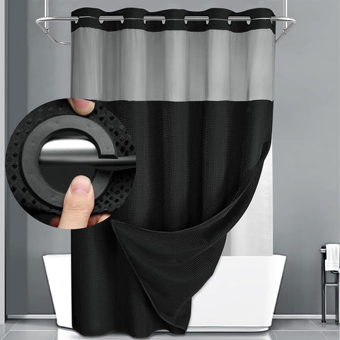 Black Hook Free Waffle Weave Shower Curtain (71 x 81") - Double Layer Curtain with Removable Waterproof Liner, Mesh Top Window, Magnetic Hem & Built-In Rings