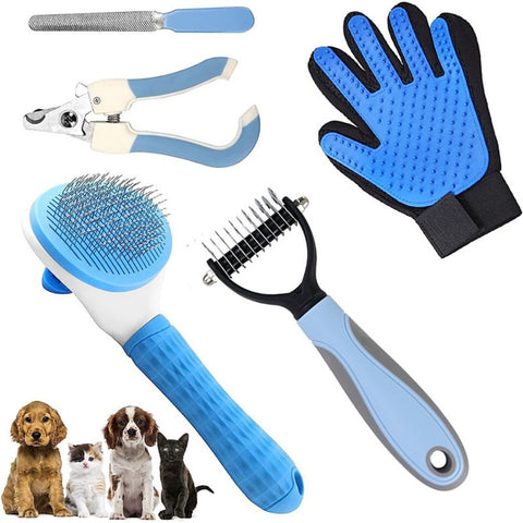 5PCS Blue Pet Grooming & Nail Care Tool Set - Stainless Steel Dematting Rake Comb, Self-Cleaning Slicker Brush, Grooming Glove, Nail Clipper and File for Dog Cat