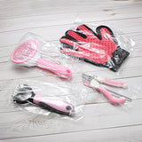 5PCS Blue Pet Grooming & Nail Care Tool Set - Stainless Steel Dematting Rake Comb, Self-Cleaning Slicker Brush, Grooming Glove, Nail Clipper and File for Dog Cat