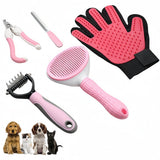 5PCS Pink Pet Grooming & Nail Care Tool Set - Stainless Steel Dematting Rake Comb, Self-Cleaning Slicker Brush, Grooming Glove, Nail Clipper and File for Dog Cat