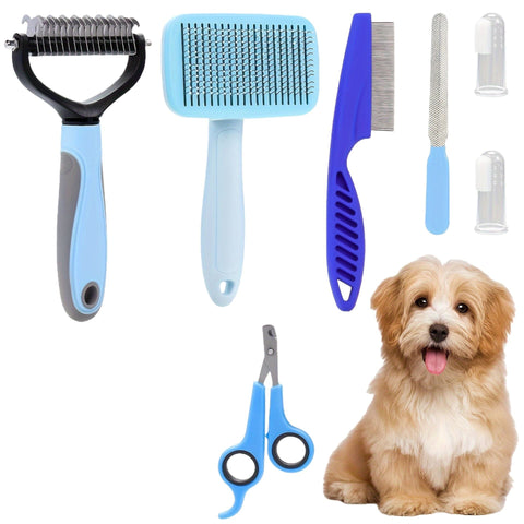 7PCS Blue Pet Grooming, Nail and Oral Care Kit - Selfcleaning Slicker Brush, Dematting Rake, Nail Clipper / File, Flea Comb & Silicone Finger Toothbrushes for Dog Cat