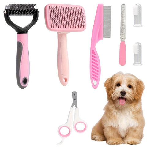 7PCS Pink Pet Grooming, Nail and Oral Care Kit - Selfcleaning Slicker Brush, Dematting Rake, Nail Clipper / File, Flea Comb & Silicone Finger Toothbrushes for Dog Cat