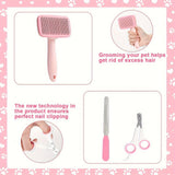 7PCS Pink Pet Grooming, Nail and Oral Care Kit - Selfcleaning Slicker Brush, Dematting Rake, Nail Clipper / File, Flea Comb & Silicone Finger Toothbrushes for Dog Cat