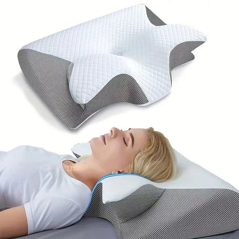 Grey Horn Shape Contour Memory Foam Cervical Pillow with Breathable Zipper Cover and Protective Inner Lining - Dual Height Ergonomic Neck Support Butterfly Pillow for Pressure Relief (24.4 x 14.6 x 4.7 / 5.5")
