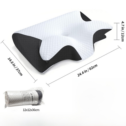 Black Horn Shape Contour Memory Foam Cervical Pillow with Breathable Zipper Cover and Protective Inner Lining - Dual Height Ergonomic Neck Support Butterfly Pillow for Pressure Relief (24.4 x 14.6 x 4.7 / 5.5")