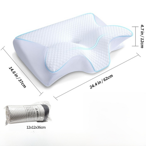 White Horn Shape Contour Memory Foam Cervical Pillow with Breathable Zipper Cover and Protective Inner Lining - Dual Height Ergonomic Neck Support Butterfly Pillow for Pressure Relief (24.4 x 14.6 x 4.7 / 5.5")