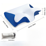 Blue Horn Shape Contour Memory Foam Cervical Pillow with Breathable Zipper Cover and Protective Inner Lining - Dual Height Ergonomic Neck Support Butterfly Pillow for Pressure Relief (24.4 x 14.6 x 4.7 / 5.5")
