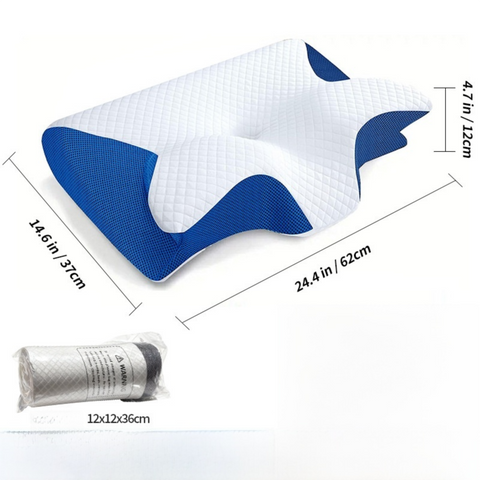 Blue Horn Shape Contour Memory Foam Cervical Pillow with Breathable Zipper Cover and Protective Inner Lining - Dual Height Ergonomic Neck Support Butterfly Pillow for Pressure Relief (24.4 x 14.6 x 4.7 / 5.5")