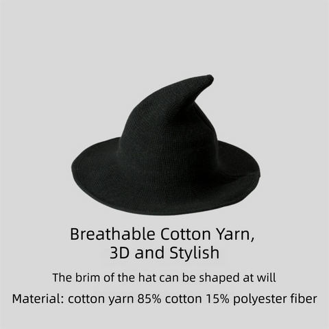 Black Women's Breathable Cotton Yarn Halloween Witch Hat - Foldable Moldable Wide Brim Sun Hat for Witch Cosplay & Summer Wear