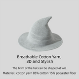 Grey Women's Breathable Cotton Yarn Halloween Witch Hat - Foldable Moldable Wide Brim Sun Hat for Witch Cosplay & Summer Wear