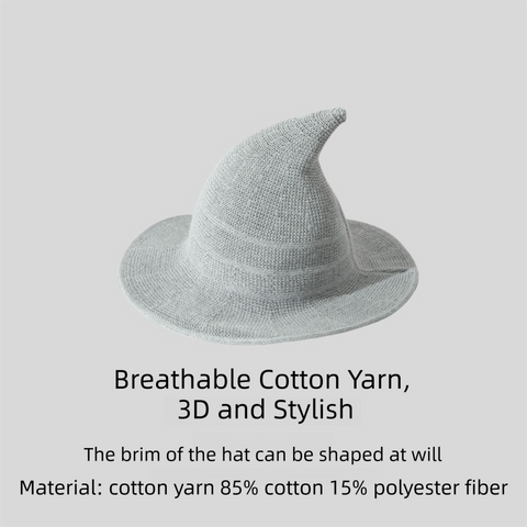 Grey Women's Breathable Cotton Yarn Halloween Witch Hat - Foldable Moldable Wide Brim Sun Hat for Witch Cosplay & Summer Wear