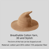 Khaki Women's Breathable Cotton Yarn Halloween Witch Hat - Foldable Moldable Wide Brim Sun Hat for Witch Cosplay & Summer Wear