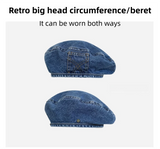 Women's Vintage Dark Washed Denim Beret - 22" Large Head Circumference Lightweight Reversible Painter Octagonal Newsboy Cap
