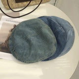 Women's Vintage Dark Washed Denim Beret - 22" Large Head Circumference Lightweight Reversible Painter Octagonal Newsboy Cap