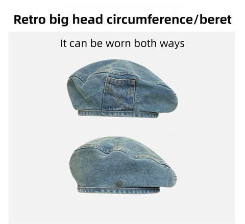 Women's Vintage Washed Mid Blue Denim Beret - 22" Large Head Circumference Lightweight Reversible Painter Octagonal Newsboy Cap