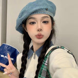 Women's Vintage Washed Mid Blue Denim Beret - 22" Large Head Circumference Lightweight Reversible Painter Octagonal Newsboy Cap