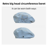 Women's Vintage Washed Light Blue Denim Beret - 22" Large Head Circumference Lightweight Reversible Painter Octagonal Newsboy Cap