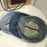 Women's Vintage Washed Light Blue Denim Beret - 22" Large Head Circumference Lightweight Reversible Painter Octagonal Newsboy Cap