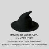 2PCS Black Women's Breathable Cotton Yarn Halloween Witch Hat - Foldable Moldable Wide Brim Sun Hat for Witch Cosplay & Summer Wear