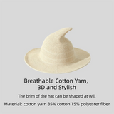 2PCS Beige Women's Breathable Cotton Yarn Halloween Witch Hat - Foldable Moldable Wide Brim Sun Hat for Witch Cosplay & Summer Wear