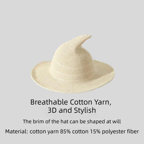 2PCS Beige Women's Breathable Cotton Yarn Halloween Witch Hat - Foldable Moldable Wide Brim Sun Hat for Witch Cosplay & Summer Wear