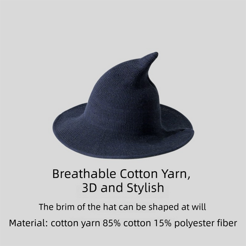 2PCS Dark Blue Women's Breathable Cotton Yarn Halloween Witch Hat - Foldable Moldable Wide Brim Sun Hat for Witch Cosplay & Summer Wear