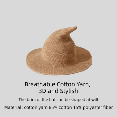 2PCS Khaki Women's Breathable Cotton Yarn Halloween Witch Hat - Foldable Moldable Wide Brim Sun Hat for Witch Cosplay & Summer Wear