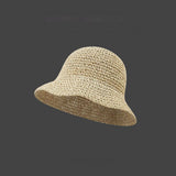 Khaki Women's Handwoven Foldable Straw Bucket Hat - Lightweight Packable Summer Beach Sun Hat with Wide Brim
