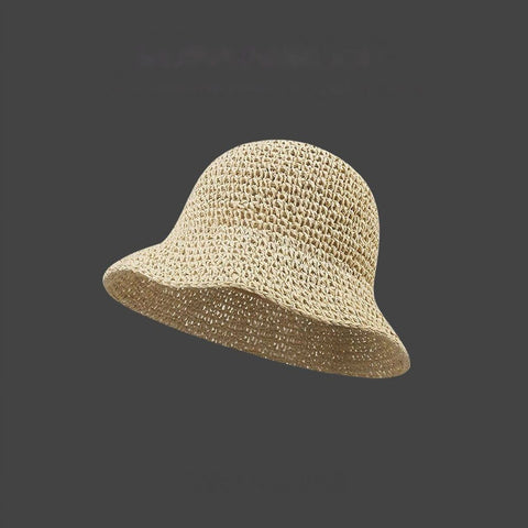 Beige Women's Handwoven Foldable Straw Bucket Hat - Lightweight Packable Summer Beach Sun Hat with Wide Brim