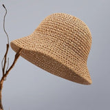 Beige Women's Handwoven Foldable Straw Bucket Hat - Lightweight Packable Summer Beach Sun Hat with Wide Brim