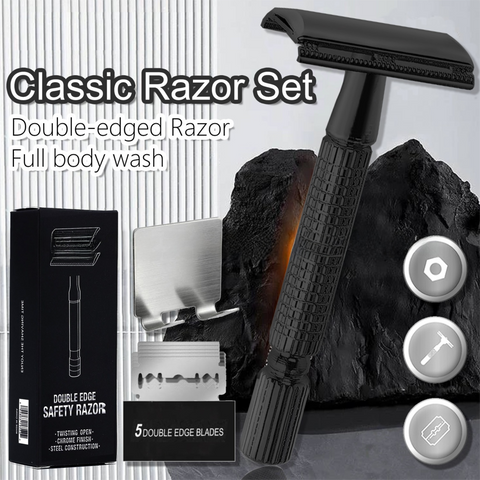 Black Classic Double Edge Safety Razor Set - Vintage Metal Manual Shaving Razor with Stainless Steel Holder & 5 Replacement Blades In Australia - Darrahopens