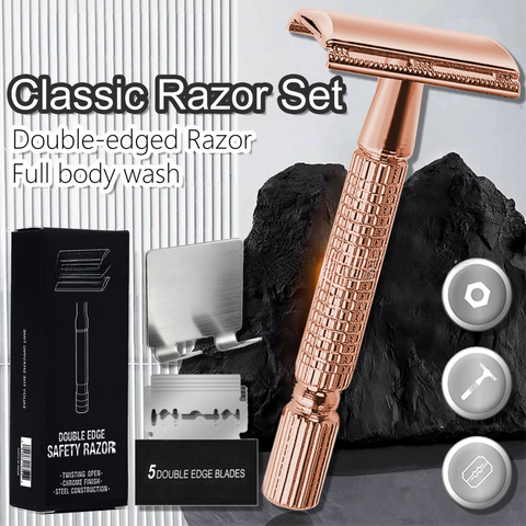 Rose Gold Classic Double Edge Safety Razor Set - Vintage Metal Manual Shaving Razor with Stainless Steel Holder & 5 Replacement Blades In Australia - Darrahopens