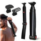 Black Men's Electric Back Shaver & Body Hair Trimmer - USB Rechargable 180° Foldable Long Handle Hair Groomer with 2 Detachable Stainless Steel Heads and Locking Button