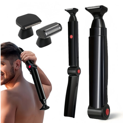 Black Men's Electric Back Shaver & Body Hair Trimmer - USB Rechargable 180° Foldable Long Handle Hair Groomer with 2 Detachable Stainless Steel Heads and Locking Button