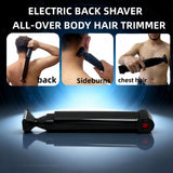 Black Men's Electric Back Shaver & Body Hair Trimmer - USB Rechargable 180° Foldable Long Handle Hair Groomer with 2 Detachable Stainless Steel Heads and Locking Button