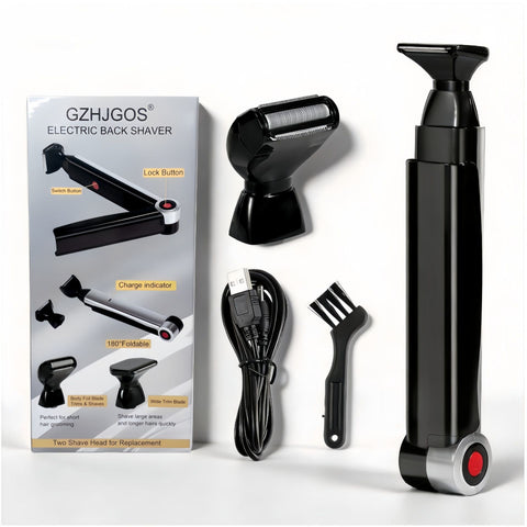 Black and Silver Men's Electric Back Shaver & Body Hair Trimmer - USB Rechargable 180° Foldable Long Handle Hair Groomer with 2 Detachable Stainless Steel Heads and Locking Button In Australia - Darrahopens