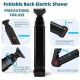 Black and Silver Men's Electric Back Shaver & Body Hair Trimmer - USB Rechargable 180° Foldable Long Handle Hair Groomer with 2 Detachable Stainless Steel Heads and Locking Button