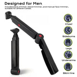 Black and Silver Men's Electric Back Shaver & Body Hair Trimmer - USB Rechargable 180° Foldable Long Handle Hair Groomer with 2 Detachable Stainless Steel Heads and Locking Button