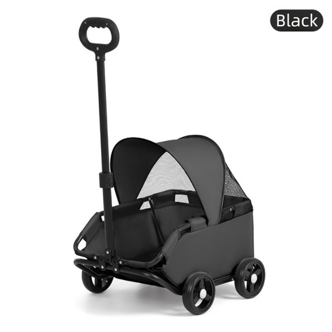 Black Foldable Pet Stroller and Adjustable Sun Canopy - Spacious 4-Weel Wagon with 360° Rotating Telescopic Handle, 45° Entry Angle, Safety Clips and Storage Pocket for Dogs & Cats Outdoor Travel