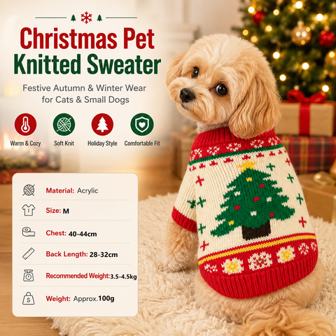 Red and Green  M Size Christmas tree pattern Christmas Pet Knitted Dress - Acrylic Dog and Cat Jumper, Lightweight Festive Winter Outfit for Pets, Holiday Photos and Celebrations