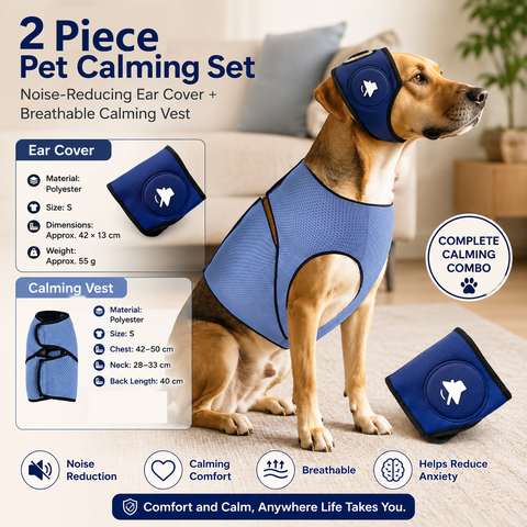 Blue S Size Dog Anxiety Relief Set - Breathable Mesh Calming Vest and Noise Reducing Earmuffs for Dogs, Thunderstorm and Fireworks Stress Support