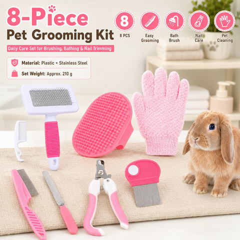 Pink 8-Piece Pet Grooming Kit - Nail Clippers, Slicker Brush, Flea Comb & Bath Glove for Dogs Cats Rabbits, Complete Home Care Pet Set In Australia - Darrahopens