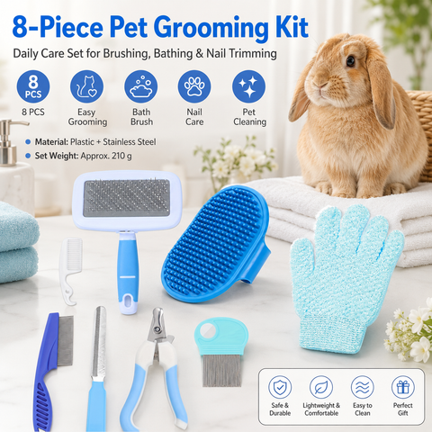 Blue 8-Piece Pet Grooming Kit - Nail Clippers, Slicker Brush, Flea Comb & Bath Glove for Dogs Cats Rabbits, Complete Home Care Pet Set In Australia - Darrahopens