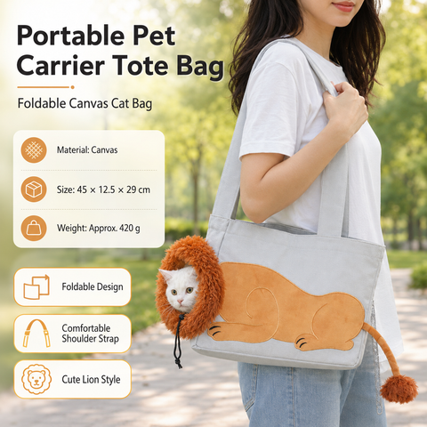 Lion Style Canvas Pet Carrier Grey Bag（big size 45*12.5*29cm） - Adjustable Head Opening, Breathable Mesh, 8cm Wide Shoulder Strap, PE Support Base, Portable Crossbody Sling for Cats and Dogs, Travel Friendly Design In Australia - Darrahopens